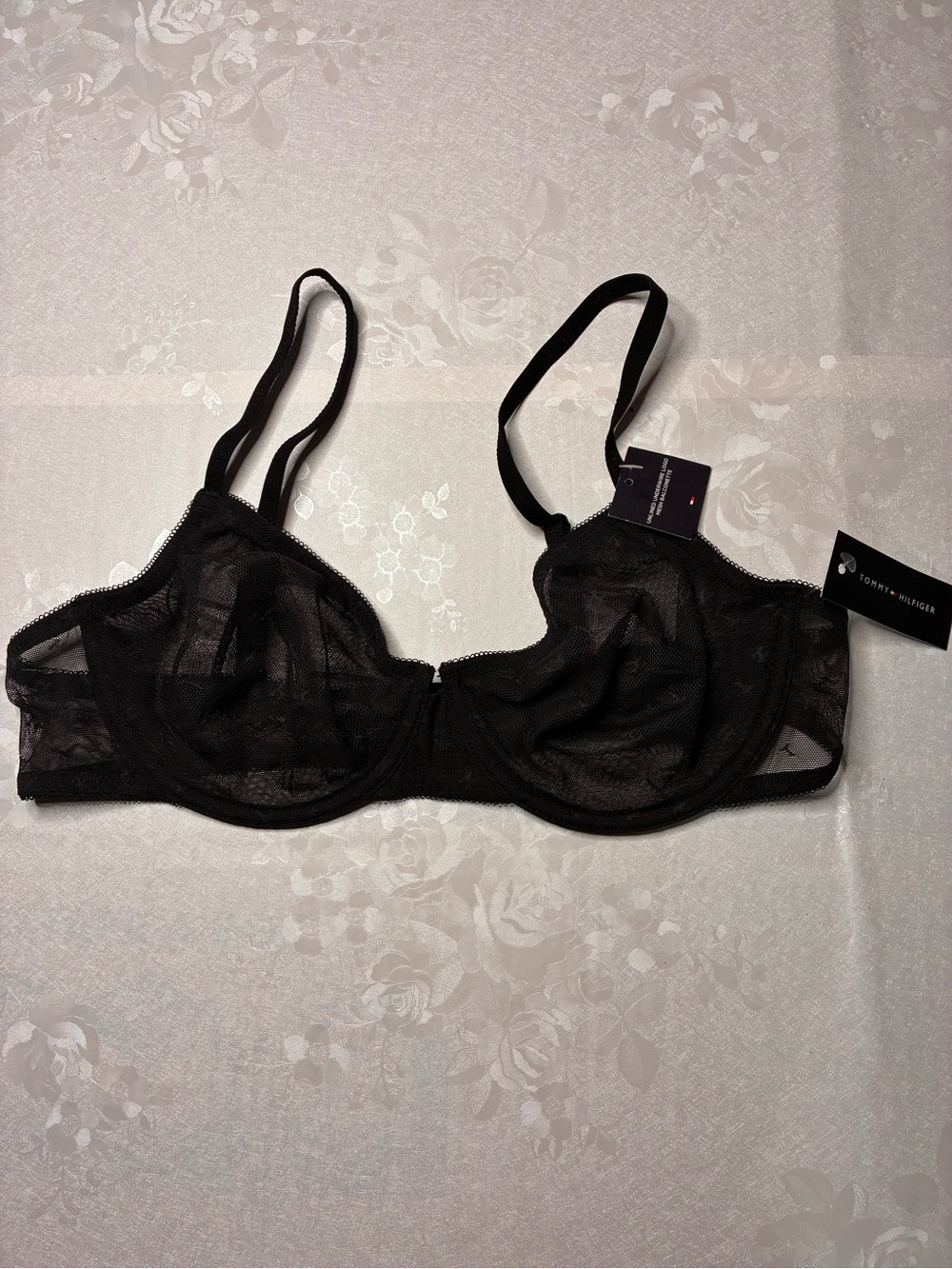 Tommy Hilfiger Unlined Underwire Logo Mesh Balconette Black Bra 36C NWT